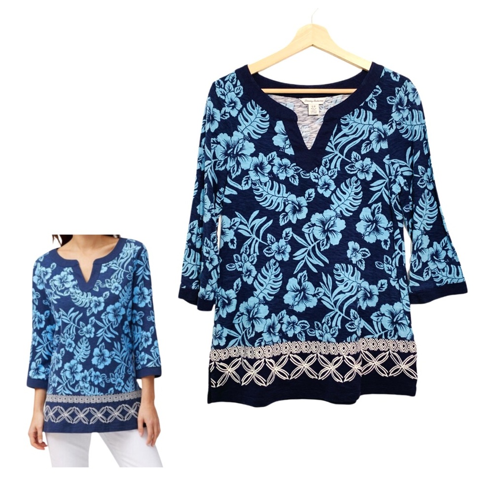 Tommy Bahama Hoani Hibiscus Embroidered Tunic Top Island Navy Small Resortwear